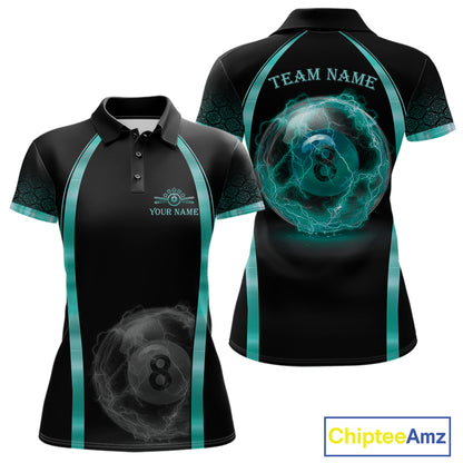 Black Teal Thunder Lightning women's billiard polo shirt custom 8 ball pool team jersey, personalized billiards apparel