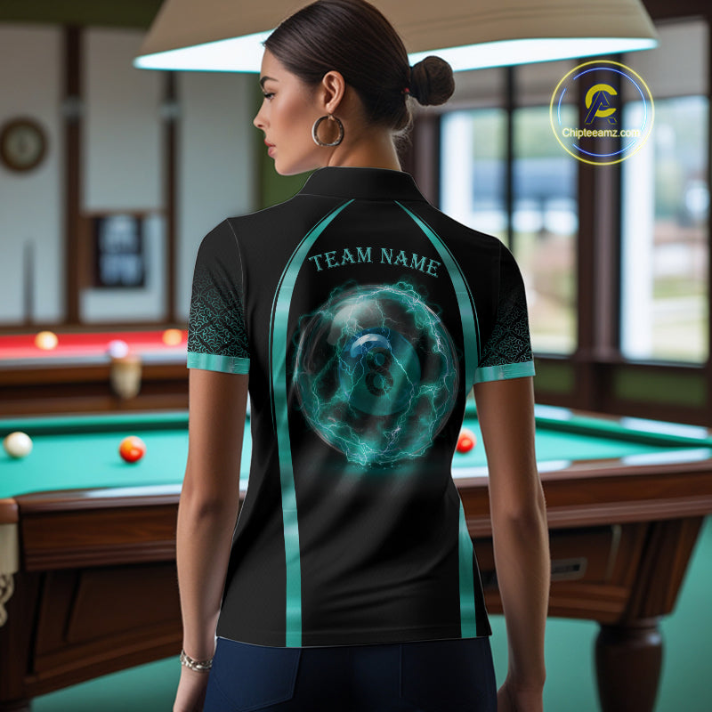 Female pool player wearing Black Teal Thunder Lightning 8 ball billiard jersey during league competition