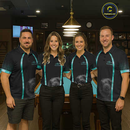 Men women billiard team wearing Black Teal Thunder Lightning custom pool team uniforms and tournament jerseys