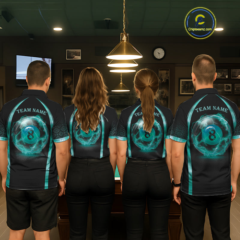 Men women billiard team wearing Black Teal Thunder Lightning custom pool team uniforms and tournament jerseys