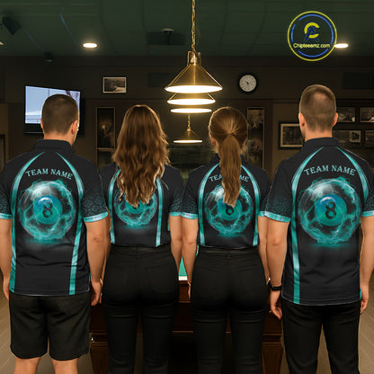 Men women billiard team wearing Black Teal Thunder Lightning custom pool team uniforms and tournament jerseys