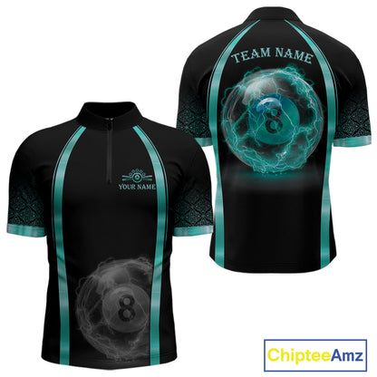 Black Teal Thunder Lightning men's quarter zip billiard shirt custom cue sports uniform, pool league jersey