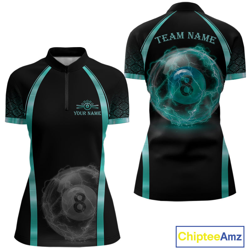 Black Teal Thunder Lightning women's quarter zip billiard shirt custom cue sports uniform, pool league jersey