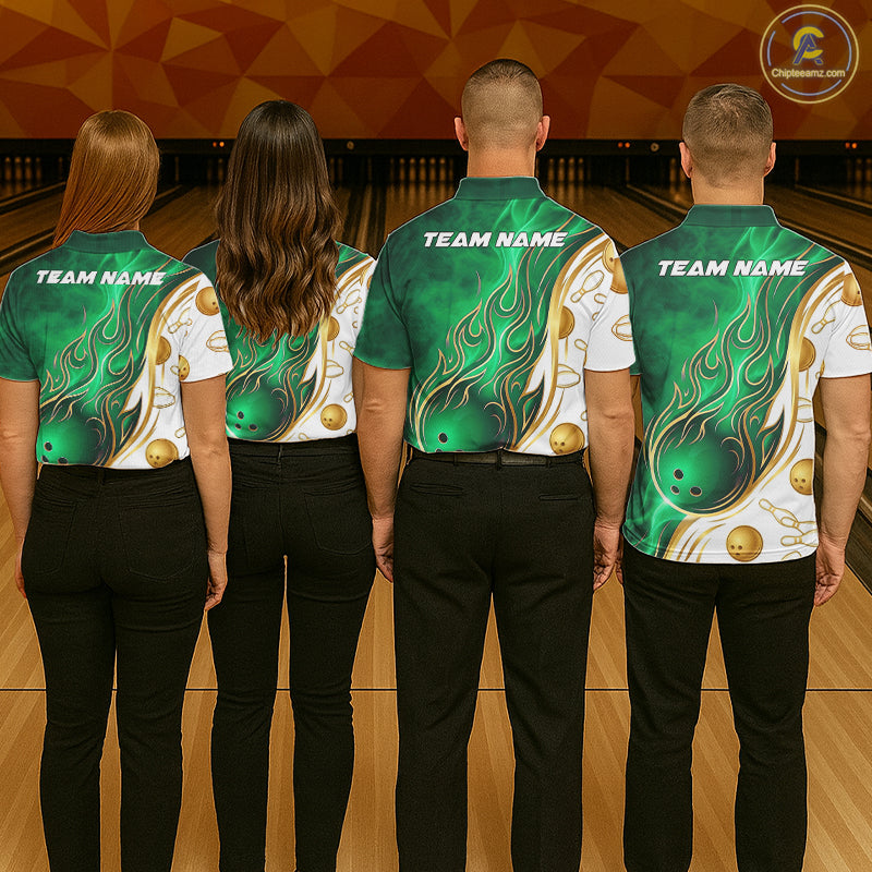 Professional bowling team wearing matching Gold & Green Flames jerseys with personalized names, tournament uniforms, prosperity symbolism, teamwork, leadership, success, USBC league apparel, championship clothing.