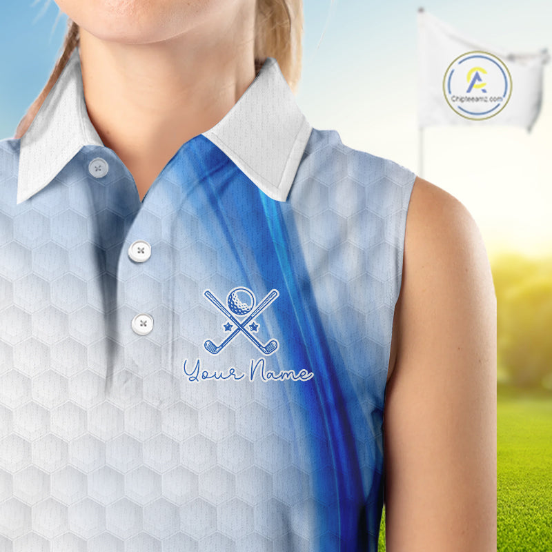 Personalized Blue-Light Twinkle Golf Sleeveless Polo Shirt For Women Custom White Pattern Golf Team Clothes NYN2871