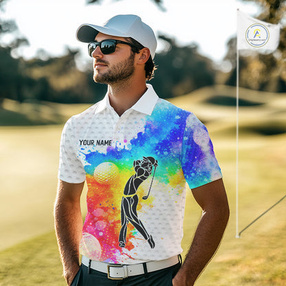 Mens White Pattern Golf Polo Shirt Custom Name Colorful Watercolor Golf Clothes, Golf Gifts NYN2873