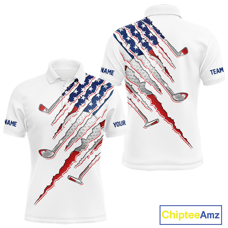 American Flag Men's Golf Polo Shirt mockup with white golf clubs, personalized patriotic golf shirt, custom golf team apparel, USA golf polo, Memorial Day golf clothing, performance golf jersey.
