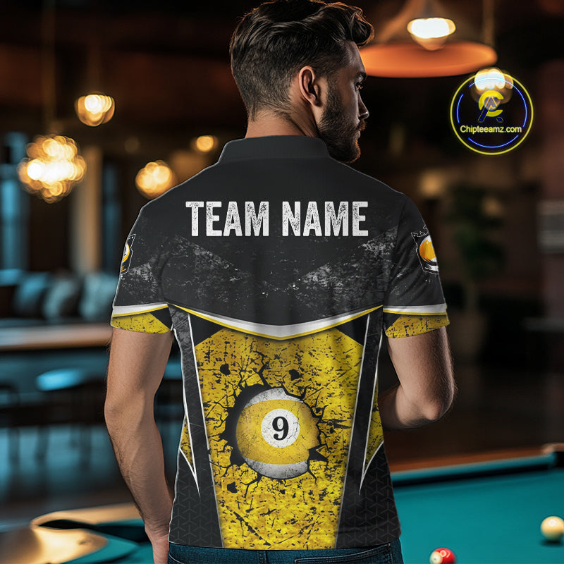 Black And Yellow Grunge Cracked 9 Ball Billiard Pool Shirt For Men Custom 9 Ball Billiard Team Jersey NYN3086