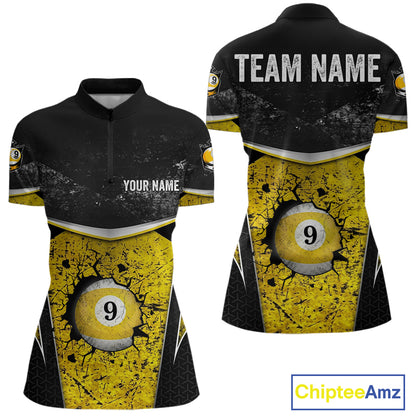 Black And Yellow Grunge Cracked 9 Ball Billiard Pool Shirt For Women Custom 9 Ball Billiard Team Jersey NYN3086