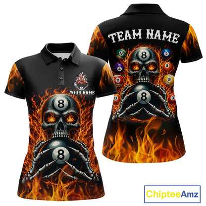 Fire Flame Skull 8 Ball women's billiard polo shirt custom red flame pool jersey, personalized billiards team uniform, tournament cue sports apparel