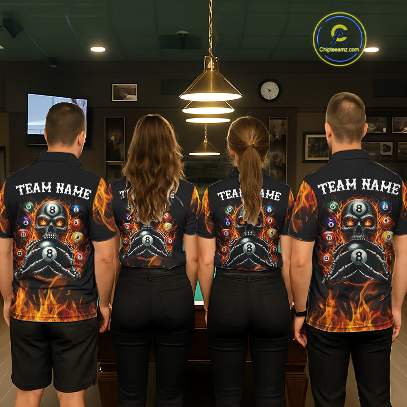 Men women billiard team wearing Fire Flame Skull 8 Ball custom red flame pool uniforms, personalized billiard jerseys