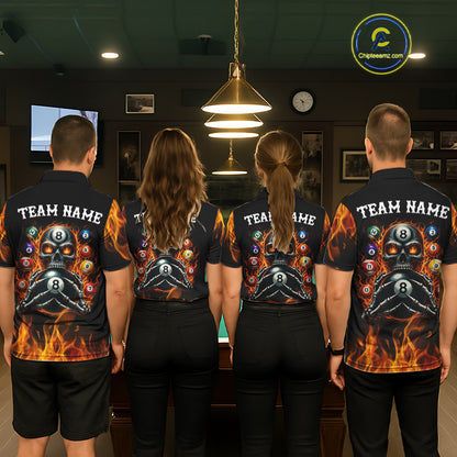 Men women billiard team wearing Fire Flame Skull 8 Ball custom red flame pool uniforms, personalized billiard jerseys