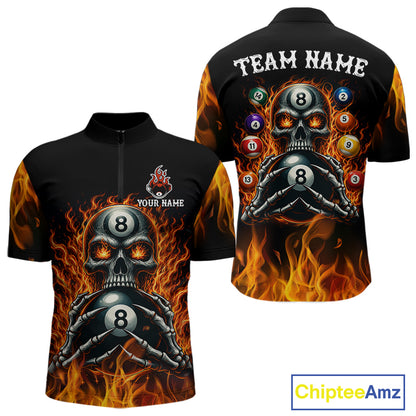 Fire Flame Skull 8 Ball men's quarter zip billiard shirt custom red flame pool team jersey, professional billiards apparel