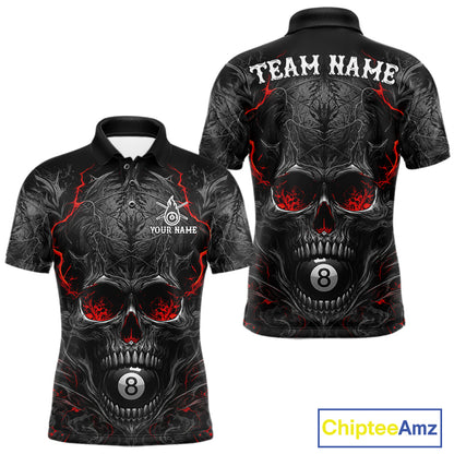 Black Red Flaming Skull 8 Ball men's billiard polo shirt custom pool team jersey, personalized billiards apparel