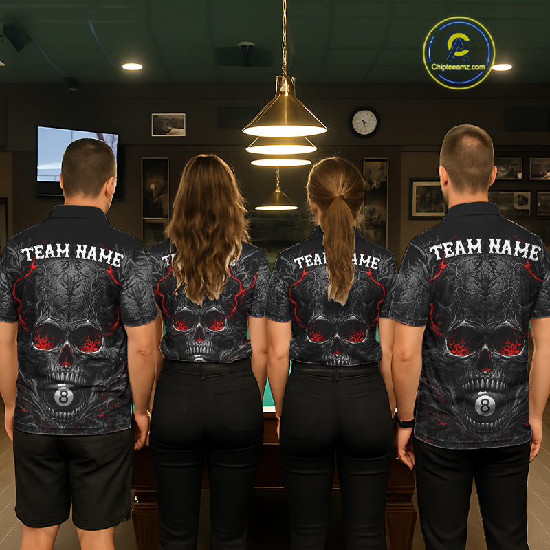 Men women billiard team wearing Flaming Skull 8 Ball custom billiard uniforms, personalized pool team jerseys