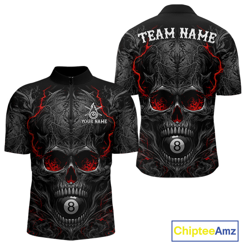 Black Red Flaming Skull 8 Ball men's quarter zip billiard shirt custom cue sports uniform, tournament pool jersey