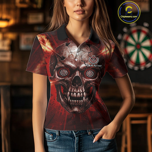 Custom Red Flames Dart Arrow Cracked Skull Women Darts Polo Shirt Grunge Dart Gifts NYN1989