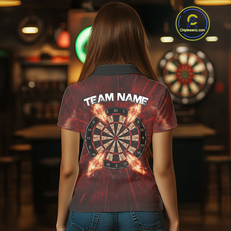 Custom Red Flames Dart Arrow Cracked Skull Women Darts Polo Shirt Grunge Dart Gifts NYN1989
