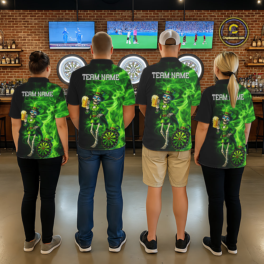 Funny Skeleton St Patrick's Day Women  Darts Polo Shirt Custom Flame Shamrock Darts Team Jersey NYN2529