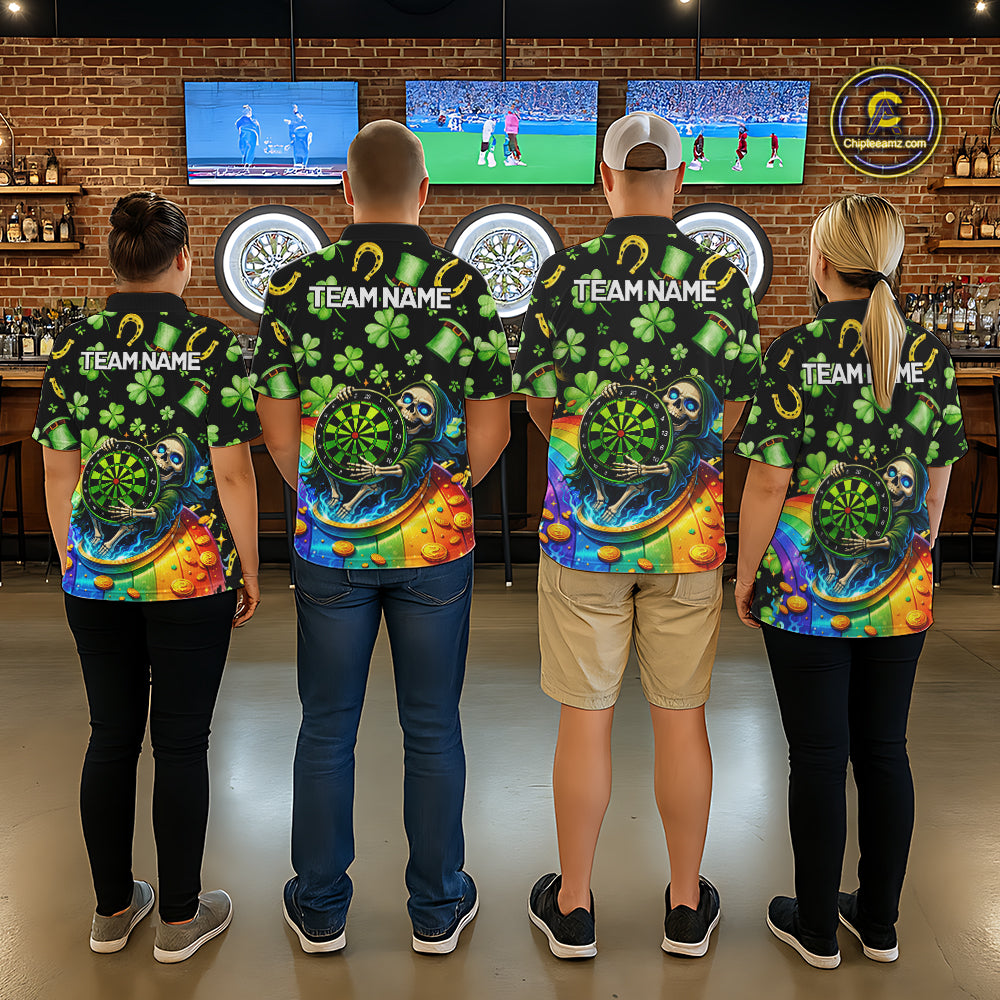 Rainbow Funny Skeleton Green Dartboard Men Darts Polo Shirt Custom St Patrick's Day Darts Jersey NYN2533