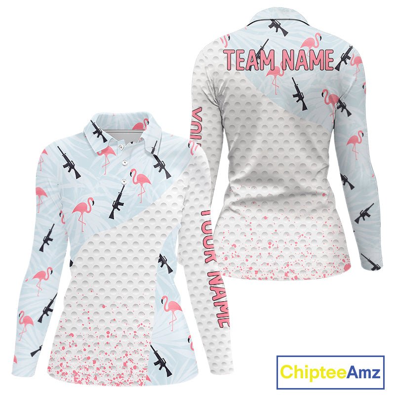 Funny Rifle & Flamingo Polo Shirt Womens Golf Polo Shirts Custom White Ball Pattern Golf Clothes NYN2877