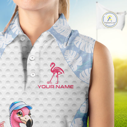 Custom Blue Tropical Monstera Funny Flamingo Matching Womens Golf Sleeveless Polo Shirts Team Golf Clothes NYN2881