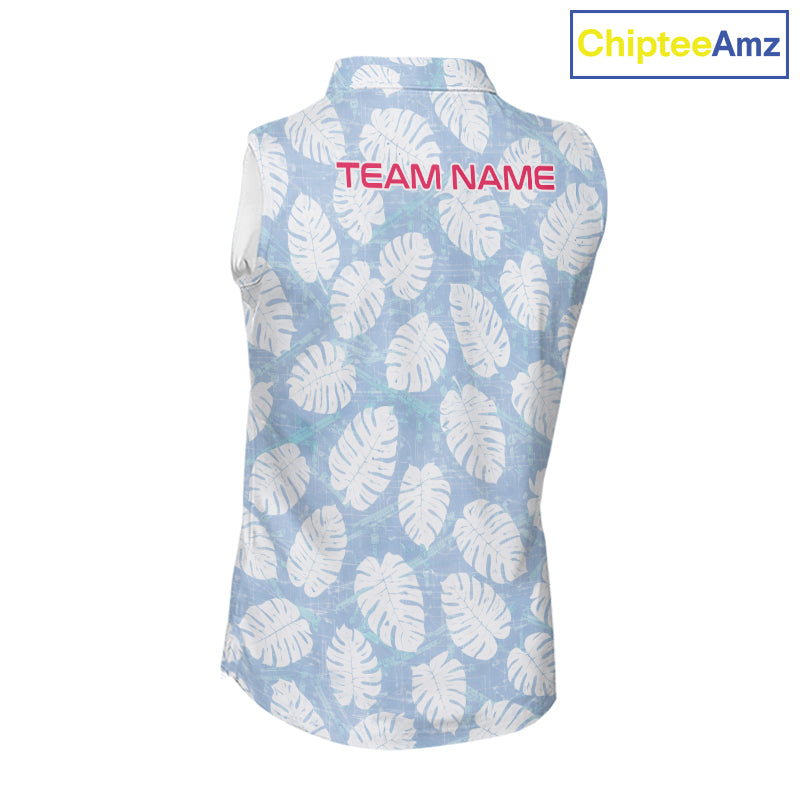 Custom Blue Tropical Monstera Funny Flamingo Matching Womens Golf Sleeveless Polo Shirts Team Golf Clothes NYN2881