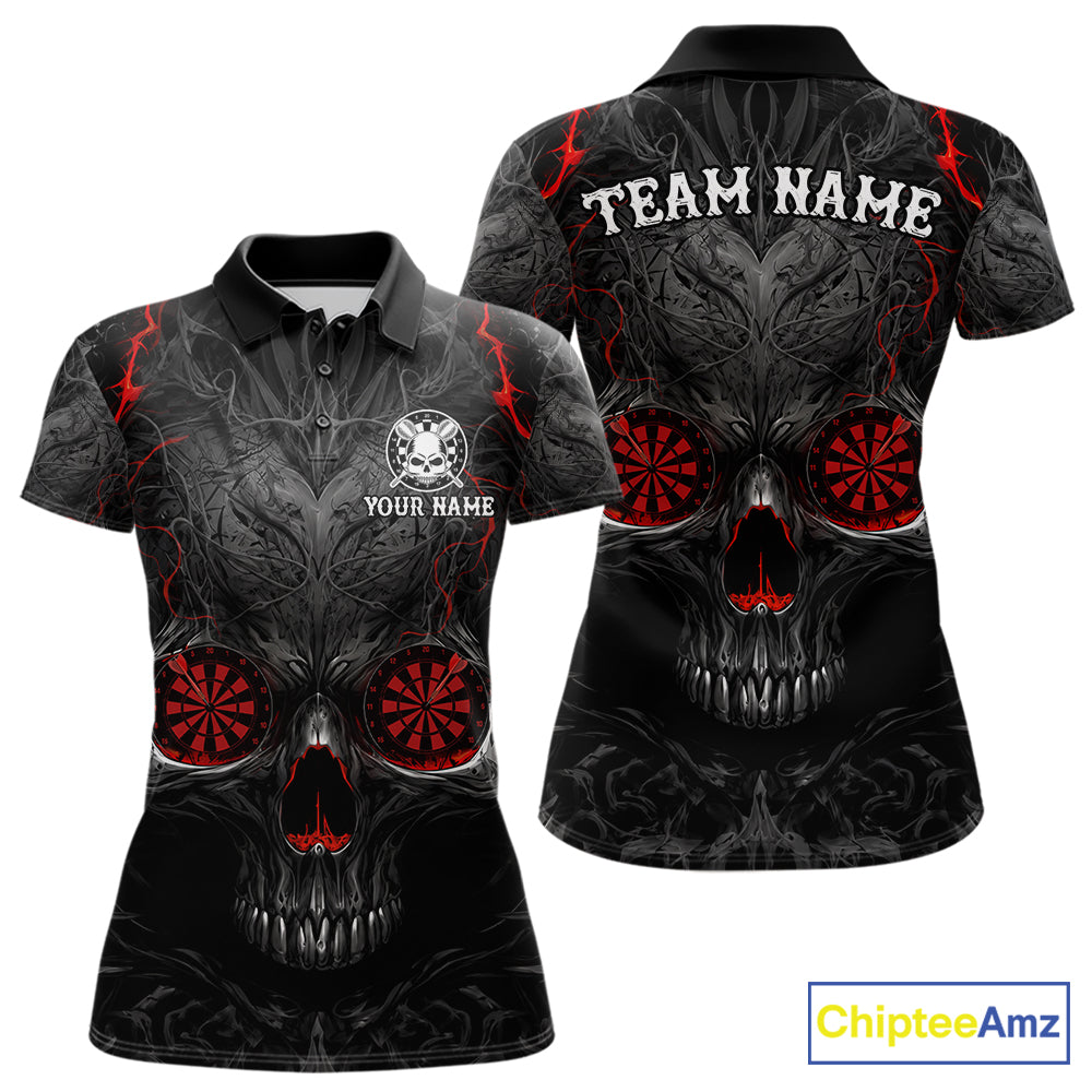 Black Red Skull Dartboard women's darts polo shirt, custom skull dart jersey, personalized dart team apparel, tournament dart uniform