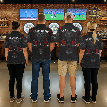 Men women darts team wearing Black Red Skull Dartboard custom team uniforms and league jerseys