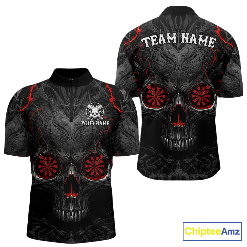 Black Red Skull Dartboard men's quarter zip darts shirt, custom skull team jersey, professional darts apparel