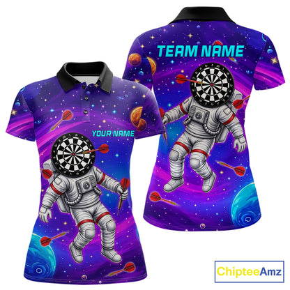 Funny Astronaut Galaxy Dartboard women's darts polo shirt, colorful galaxy dart jersey, personalized dart team apparel