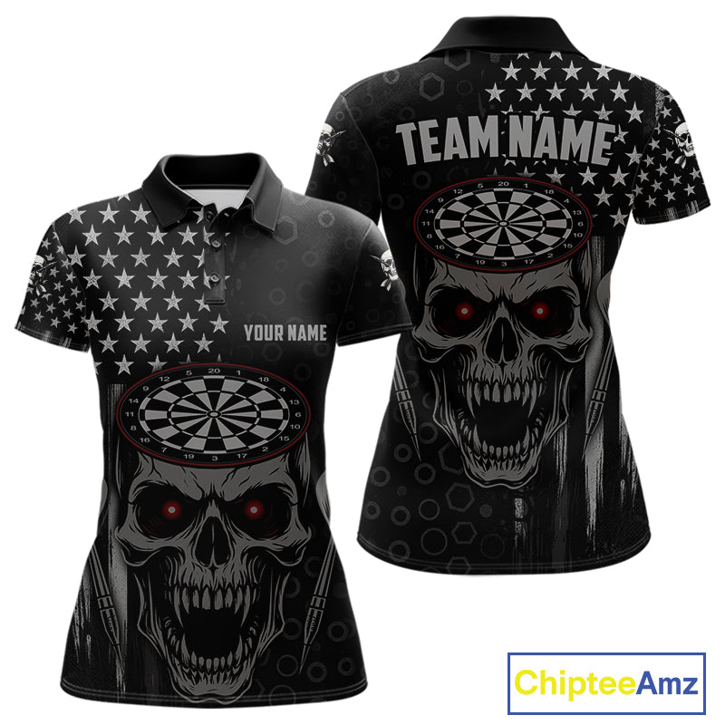 Custom Black Grey Grunge Skull Patriotic Dart Women Quarter-Zip Jerseys USA Flag Dart Shirts NYN1726