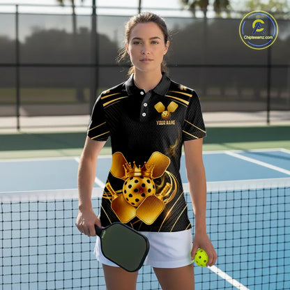 Black And Gold Crown Paddle & Ball Pickleball Jerseys Custom Women Pickleball League Shirts NYN2233