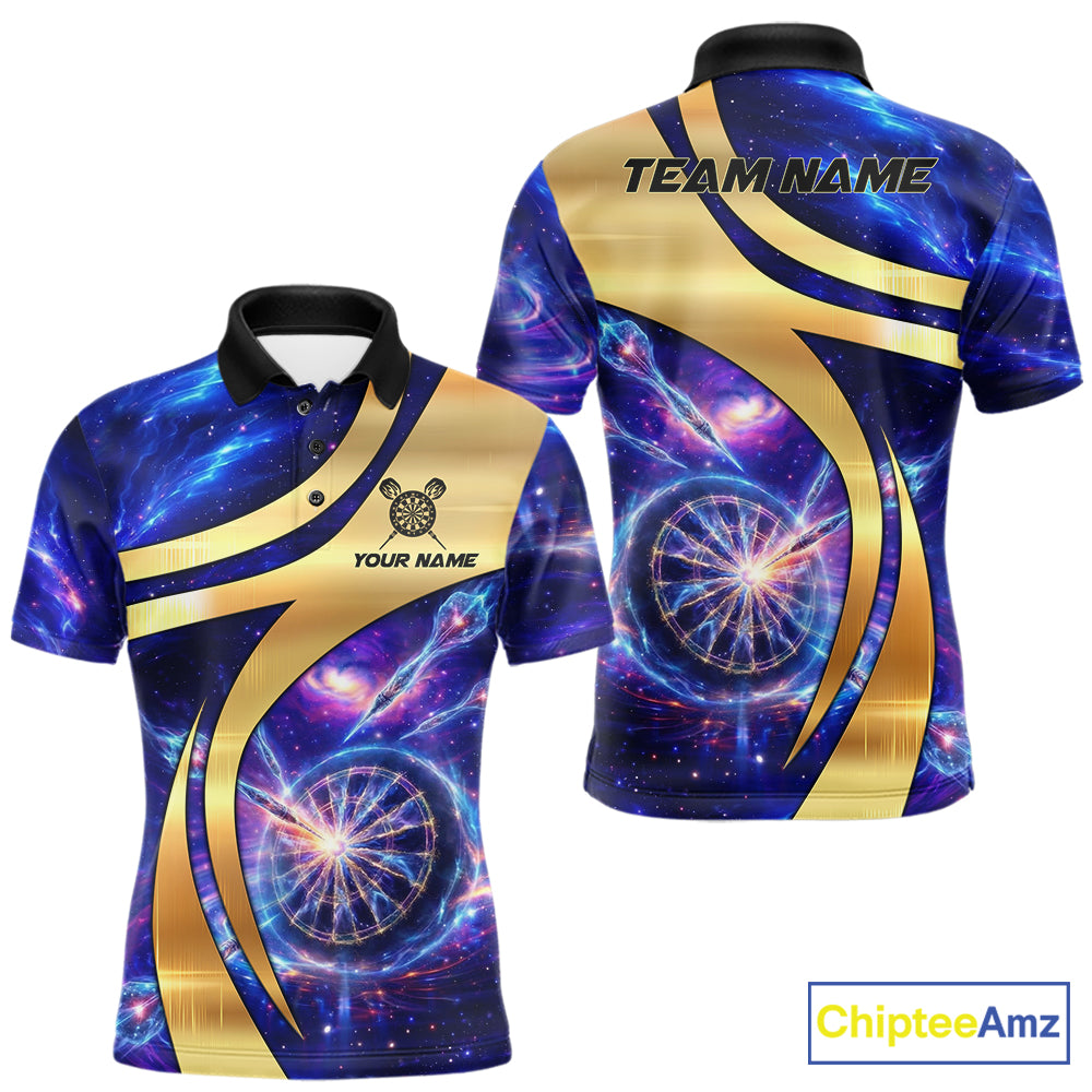 Personalized Golden And Purple Galaxy Darts Polo & 1/4 Zip Shirt For Men Darts Clothing Jerseys NYN2892