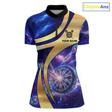 Load image into Gallery viewer, Personalized Golden And Purple Galaxy Darts Polo &amp; 1/4 Zip Shirt For Women Darts Clothing Jerseys NYN2892