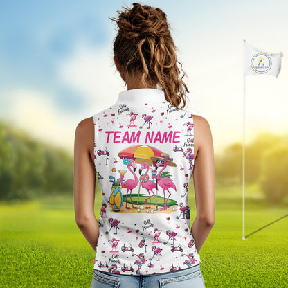 Funny Pink Flamingo Friends White Womens Sleeveless Polo Shirt Custom Flamingo Ladies Golf Outfits NYN3111