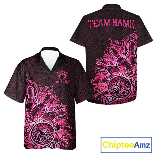 Pink Tribal Pattern bowling Hawaiian shirt featuring modern tribal graphics, tropical aloha bowling button-up shirt, personalized women's and men's bowling apparel, vacation league clothing
