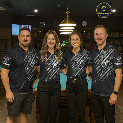 Matching pool team wearing military camo personalized jerseys, billiard pool tournament uniforms, tactical custom club apparel