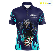 Load image into Gallery viewer, Personalized Funny Wolf Blue Flaming Darts Men Polo &amp; 1/4-Zip Dart Shirt Wolf Dart Team Jerseys NYN2900