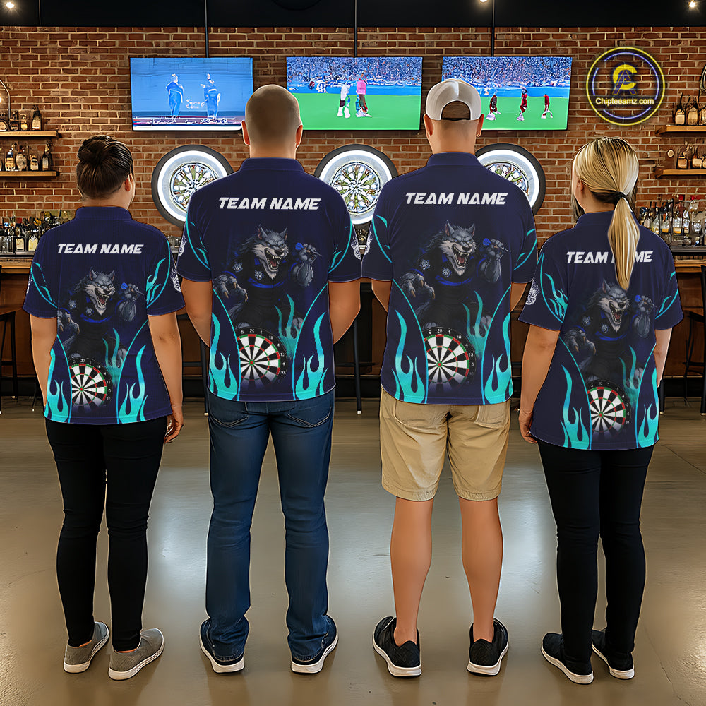 Personalized Funny Wolf Blue Flaming Darts Women Polo & 1/4-Zip Dart Shirt Wolf Dart Team Jerseys NYN2900