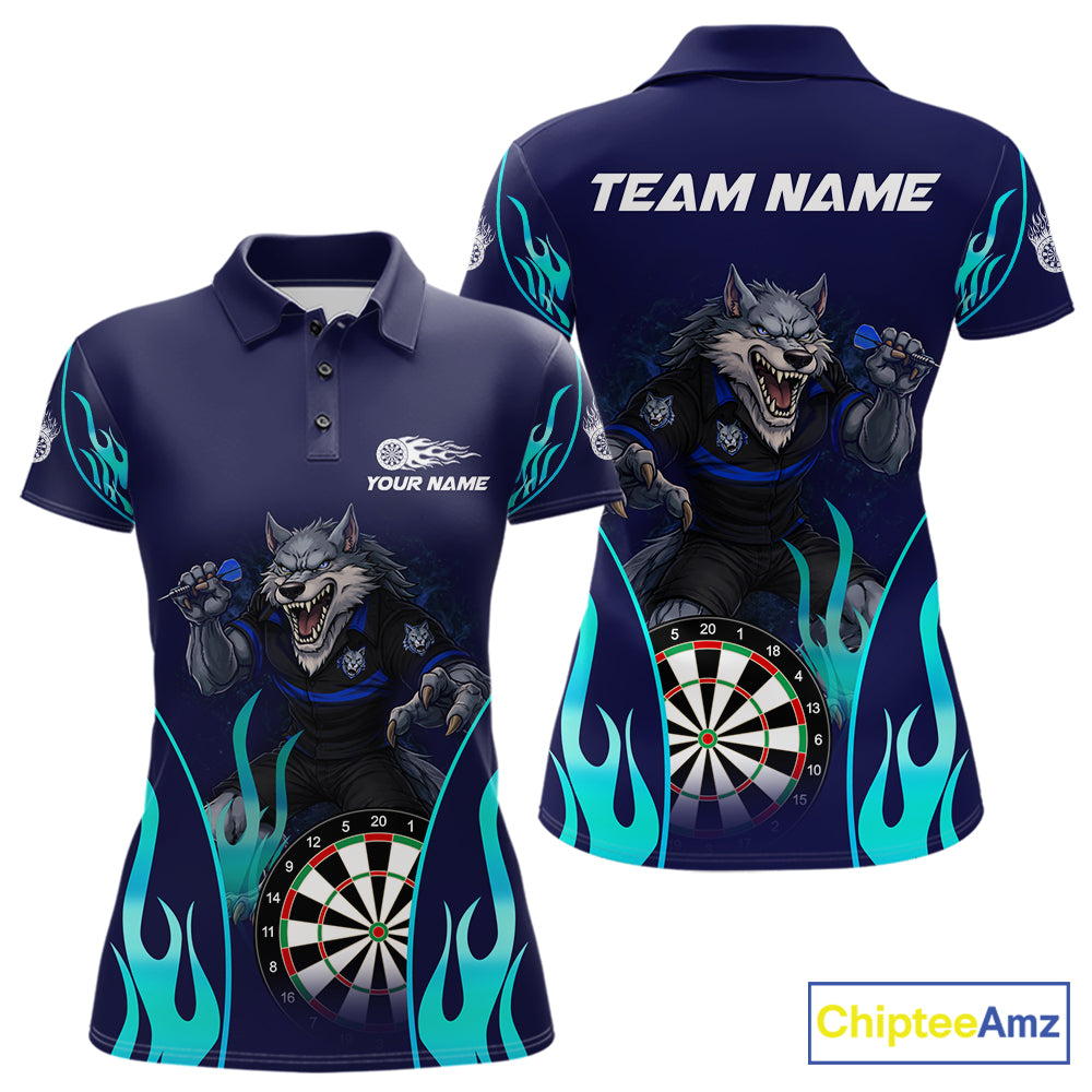 Personalized Funny Wolf Blue Flaming Darts Women Polo & 1/4-Zip Dart Shirt Wolf Dart Team Jerseys NYN2900