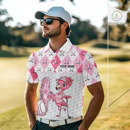 Funny Flamingo Golf Polo Shirts For Men Pink Argyle Flamingo Custom White Ball Golf Apparel NYN3121