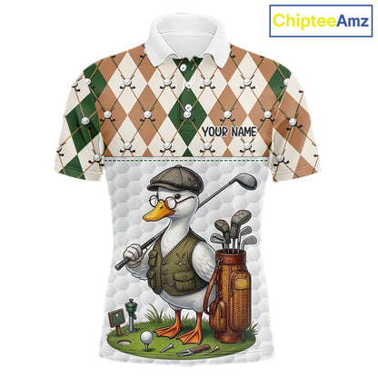 Funny Cool Duck Golf Polo Shirts For Men Green & Brown Argyle Custom White Ball Golf Apparel NYN3122