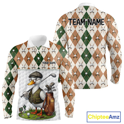 Funny Cool Duck Golf Polo Shirts For Men Green & Brown Argyle Custom White Ball Golf Apparel NYN3122