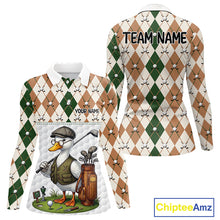Load image into Gallery viewer, Funny Cool Duck Golf Polo Shirts For Women Green &amp; Brown Argyle Custom White Ball Golf Apparel NYN3122