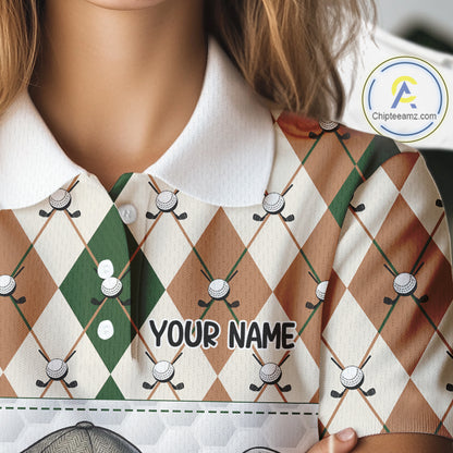 Funny Cool Duck Golf Polo Shirts For Women Green & Brown Argyle Custom White Ball Golf Apparel NYN3122