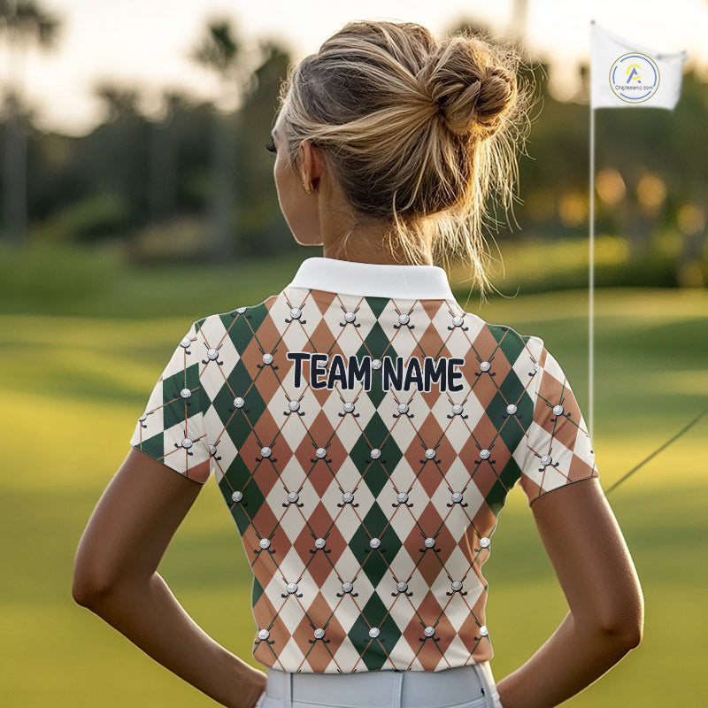 Funny Cool Duck Golf Polo Shirts For Women Green & Brown Argyle Custom White Ball Golf Apparel NYN3122
