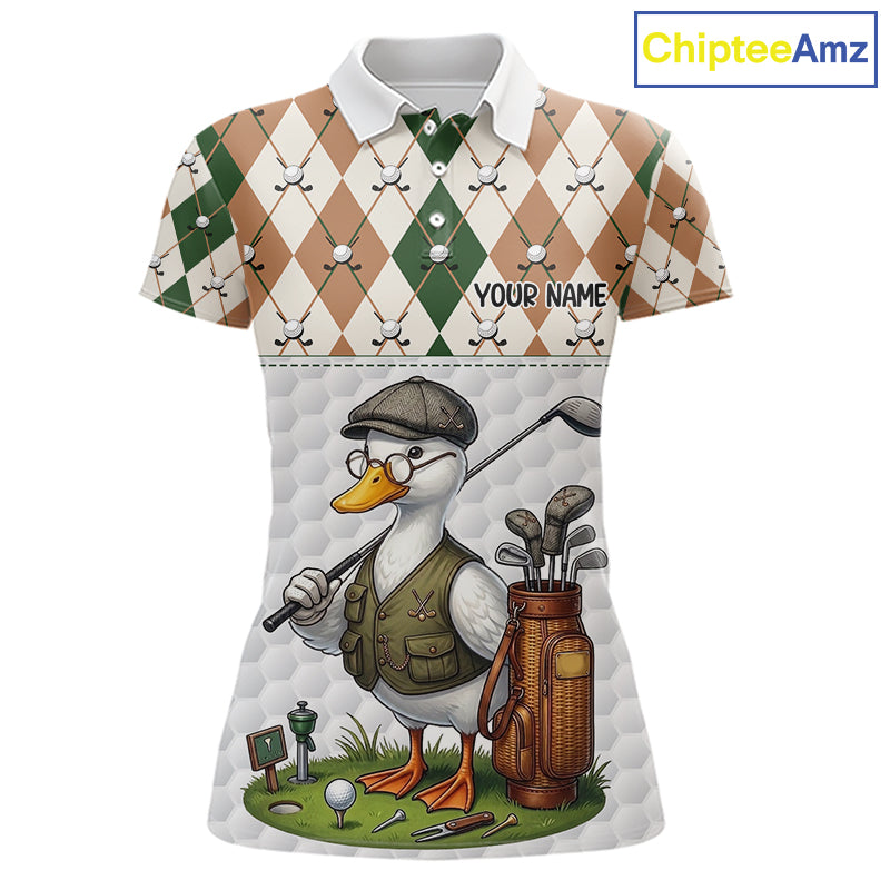 Funny Cool Duck Golf Polo Shirts For Women Green & Brown Argyle Custom White Ball Golf Apparel NYN3122