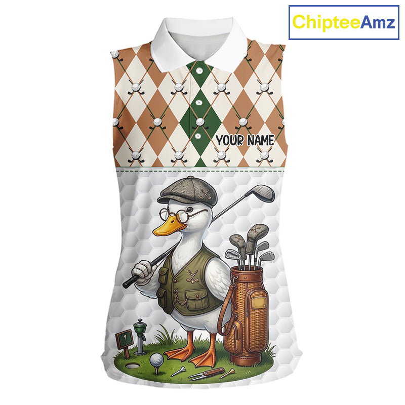 Funny Cool Duck Golf Sleeveless Polo Shirts For Women Green & Brown Argyle Custom White Ball Golf Apparel NYN3122