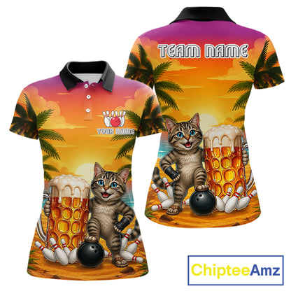 Beer And Cat Funny Women Bowling Polo Shirt Custom Summer Tropical Youth Bowling Shirts 